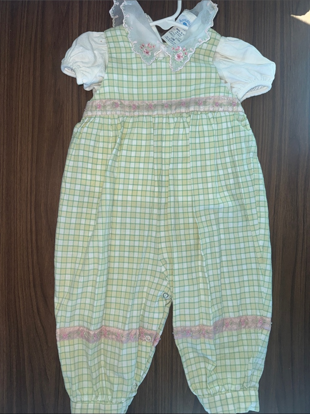 Vintage Hartstrings Baby Light Green Plaid Overalls with Pink Trim 18 months